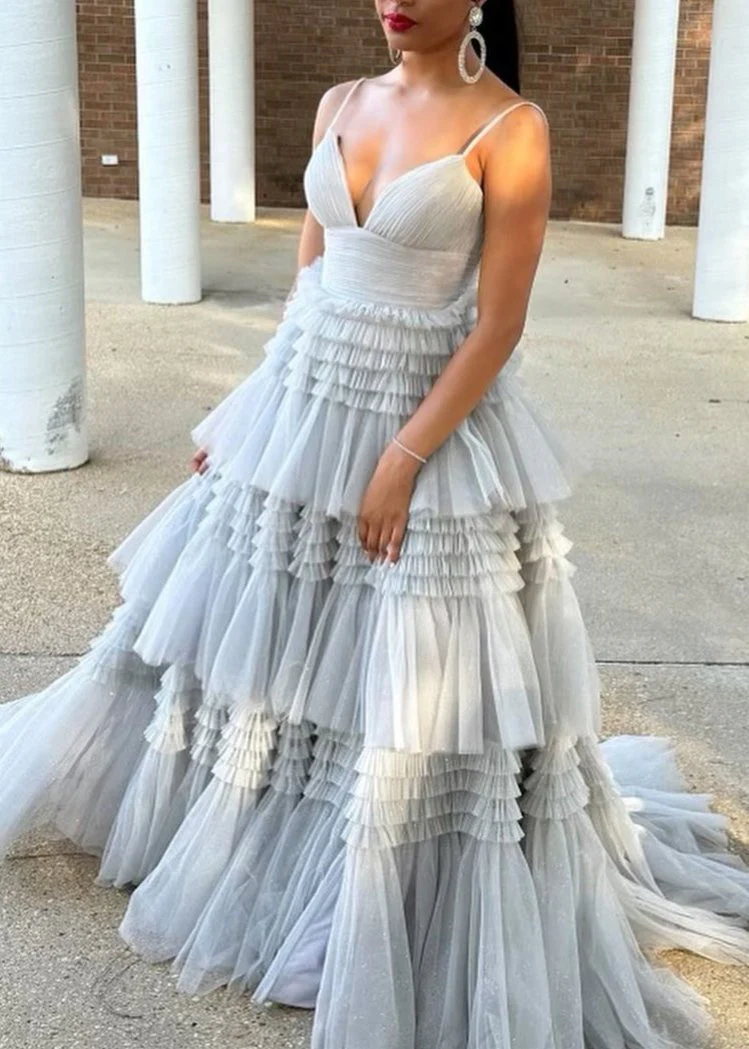 A-Line Spaghetti Straps Long Tiered Tulle Prom Dress With Split