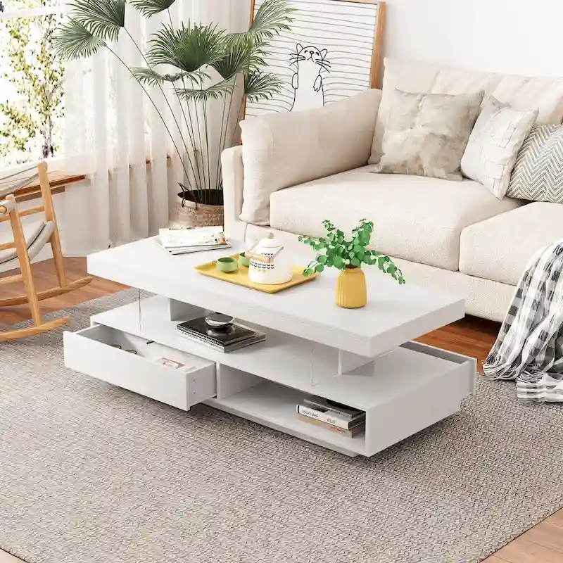 LED Coffee Table with Storage - High Gloss White, Modern Design, Multi-User