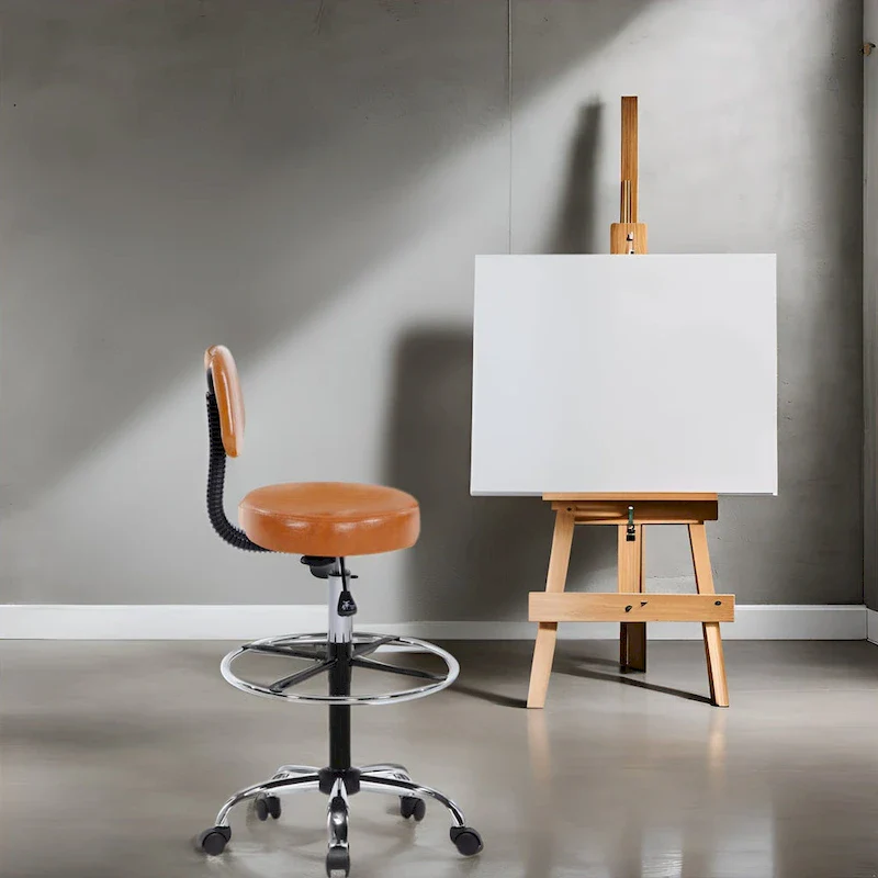 Height Adjustable Drafting Stool - With Premium Leather, Rolling Wheels