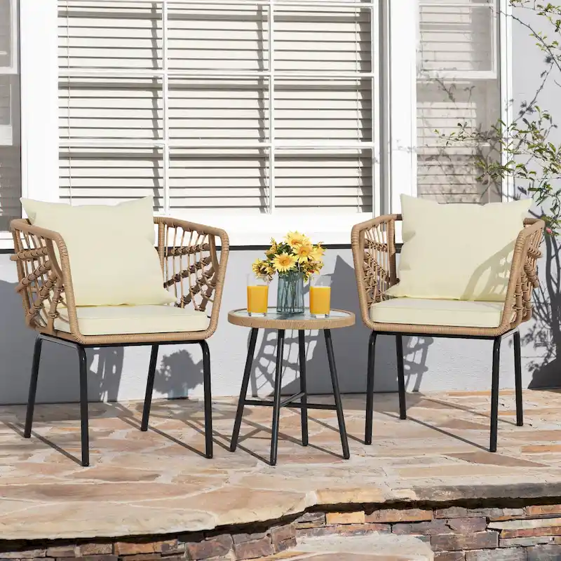 Moasis 3-Piece Cushioned Bistro Set Patio Wicker Chair and Side Table