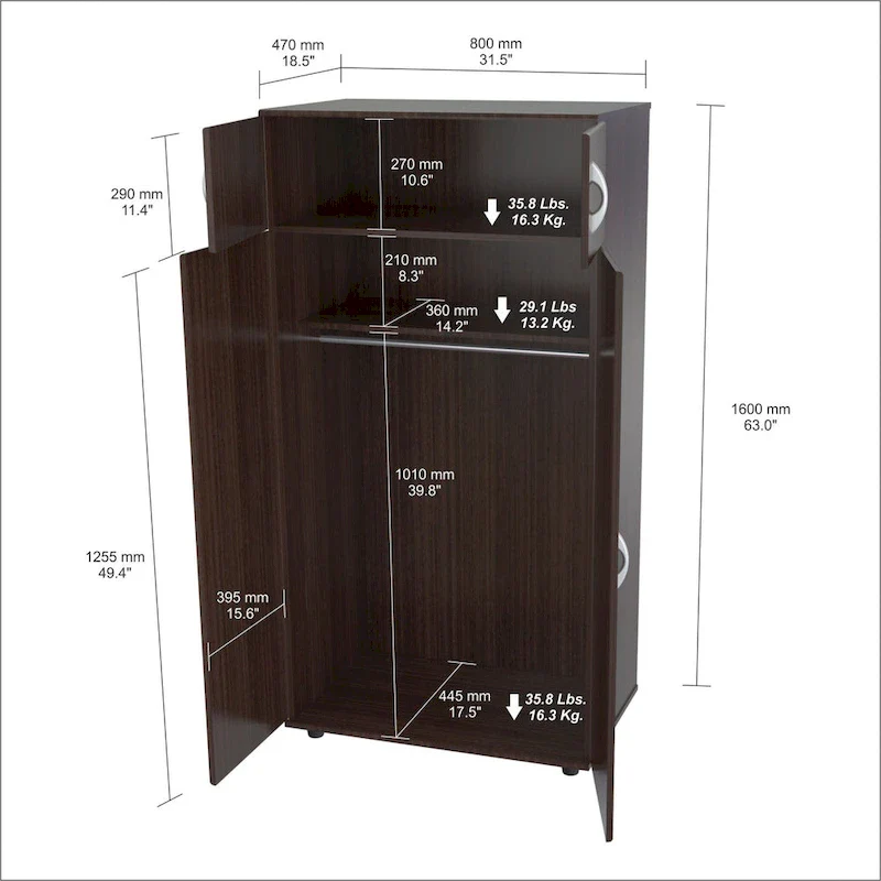 Espresso Melamine Contemporary Vertical Combo Dresser with Mirror and Doors