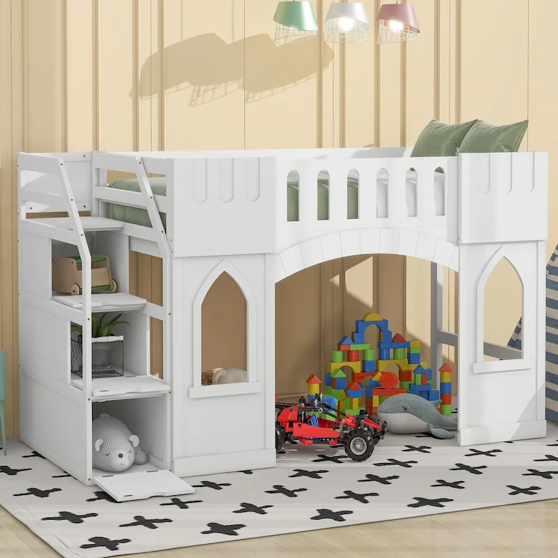 White Solid Wood Kids Loft Bed with Storage Staircase & Window