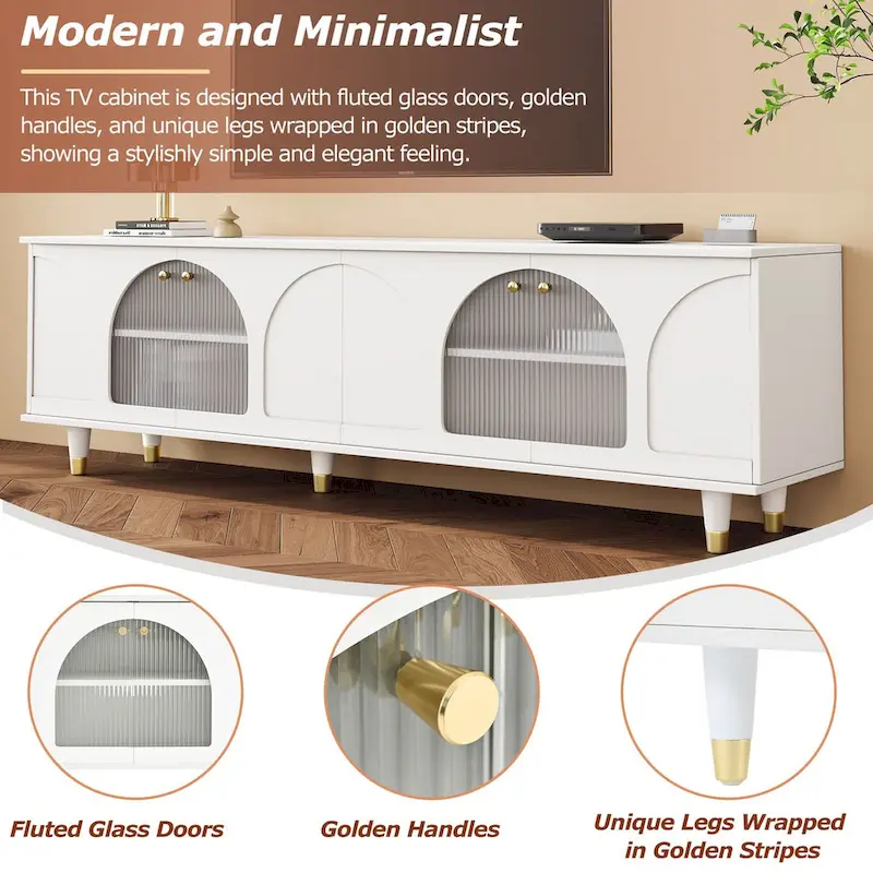 Mieres TV Stand for TVs Up to 78, Entertainment Center with Adjustable Shelves, Gold Handles and Arch Fluted Glass Doors