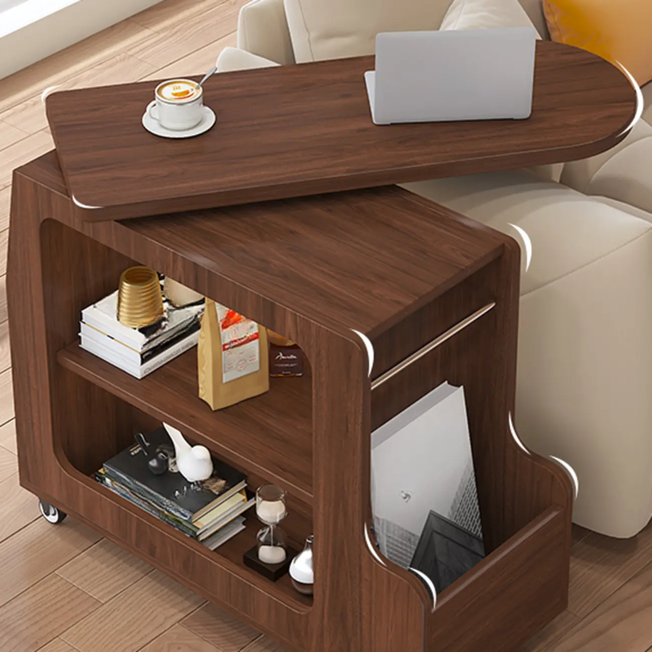 Versatile Modern Brown Half-circle Wheeled Side Table