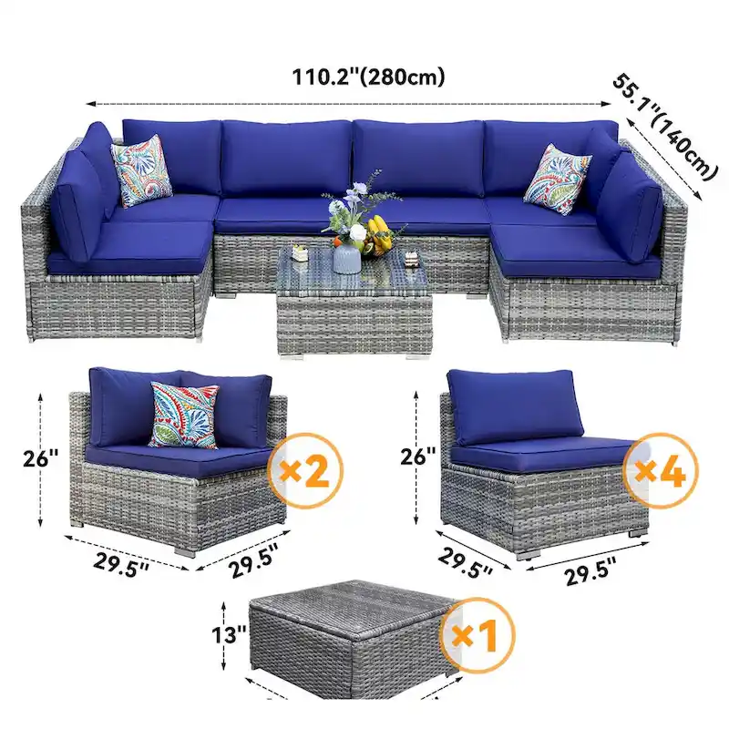 7-Piece Wicker Patio Conversation Set with Cushions and Glass Table