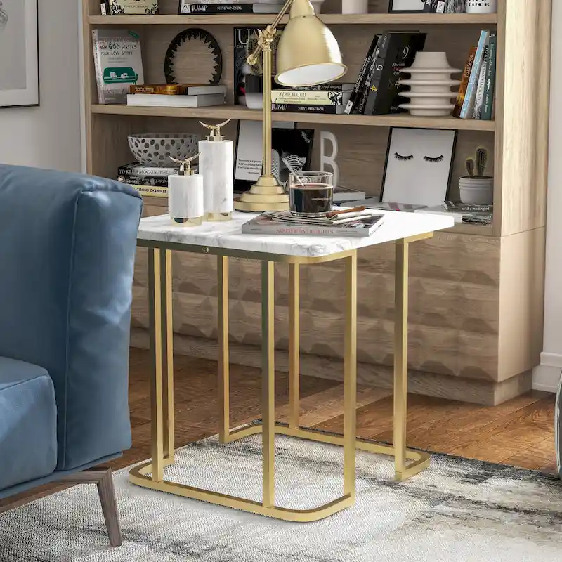 Square Faux Marble Side Table with Metal Base