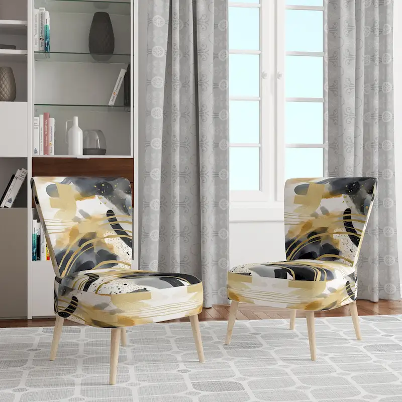 Gold Blue Black Abstract Pattern Upholstered Accent Chair – Single Seat