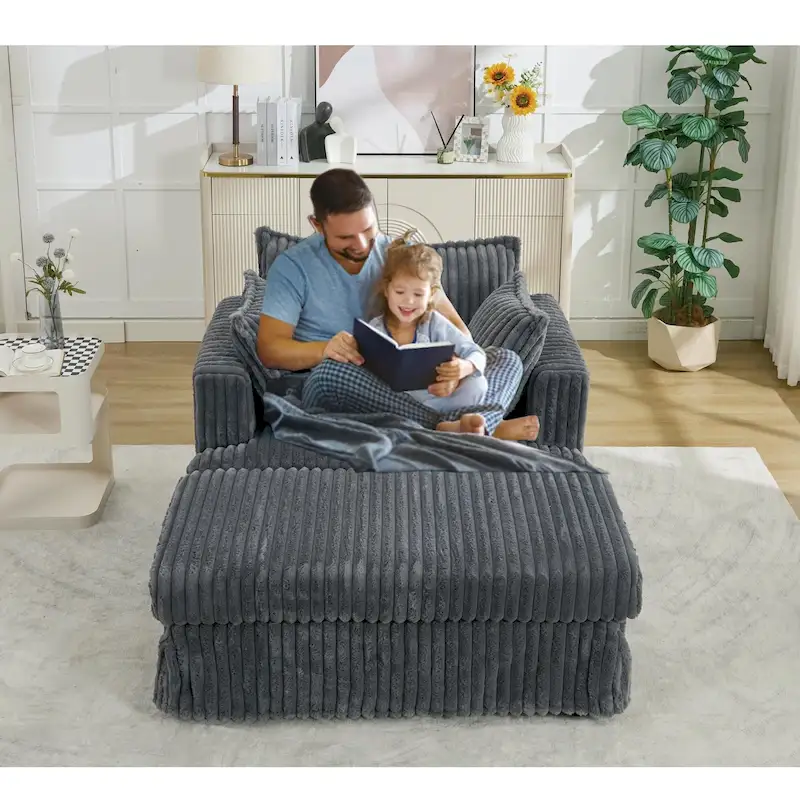 Dark Gray / Beige / Light Gray Corduroy Chaise Lounge with Ottoman & Pillows, 1-Seater