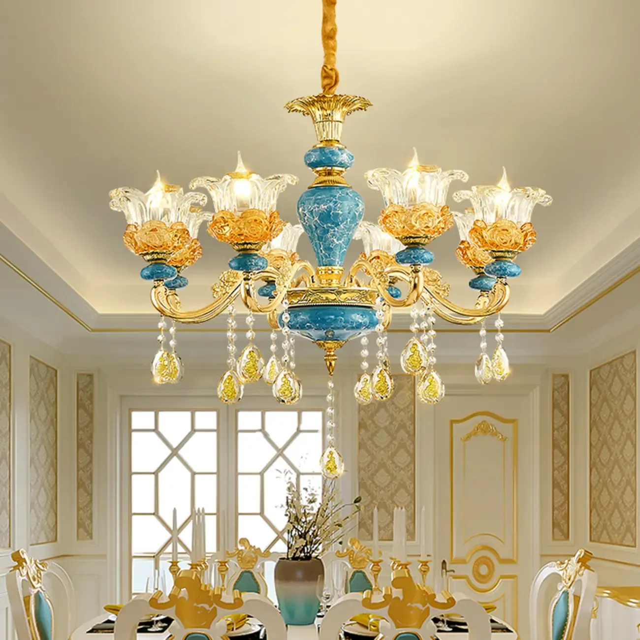 Large Luxury Brass Flower Shape Clear Glass Chandelier