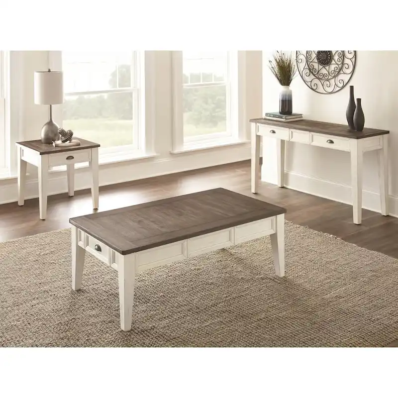 Antique White & Dark Oak Two-Tone Farmhouse Coffee Table with 4 Storage Drawers & Tapered Legs