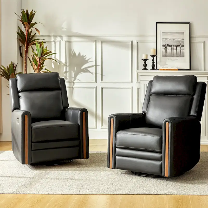 Modern Genuine Leather Electric Swivel Rocker Recliner (with Adjustable Headrest and Footrest) — 2-Piece Set