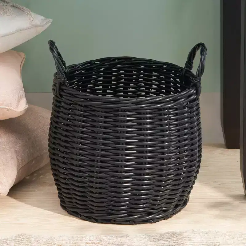 Black Round Resin Woven Storage Basket with Handles 13 x 13 x 10.2 Multi-Use Organizer for Towels, Toys, Magazines & Home Decor