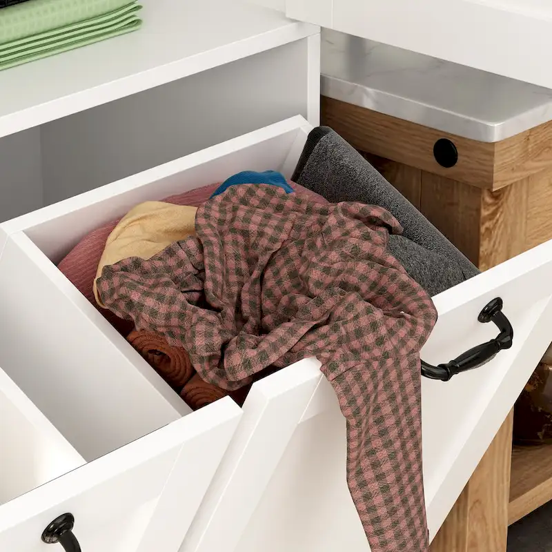 Sleek White Laundry Bathroom Cabinet with Unique Rotating Drawers