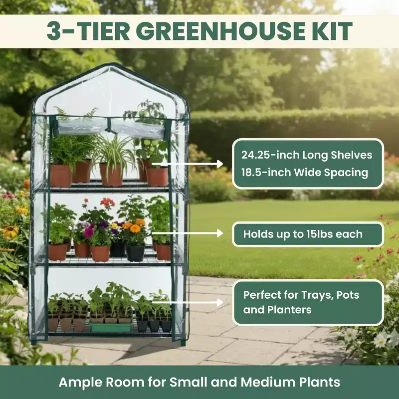 Mini Outdoor Greenhouse with PVC Cover and Metal plant Shelves by Nature Spring