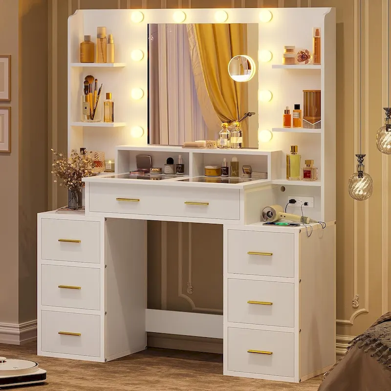 Glass Top Makeup Vanity Desk with Lighted Mirror, White/Black, Single