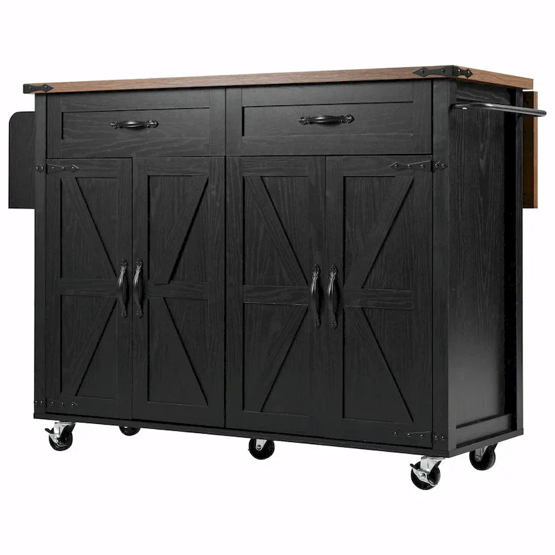 53.5 Farmhouse Kitchen Island - Power Outlet, Drop Leaf, Spice Rack, Drawer, Rolling Cart on Wheels