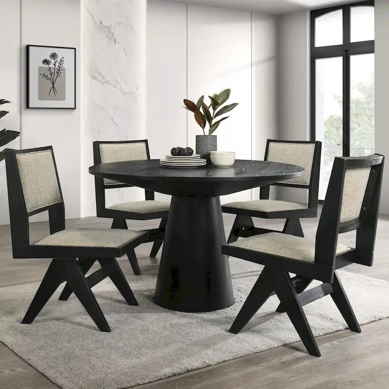 Evrena Modern 5-Piece Black Solid Wood 48-inch Round Dining Set