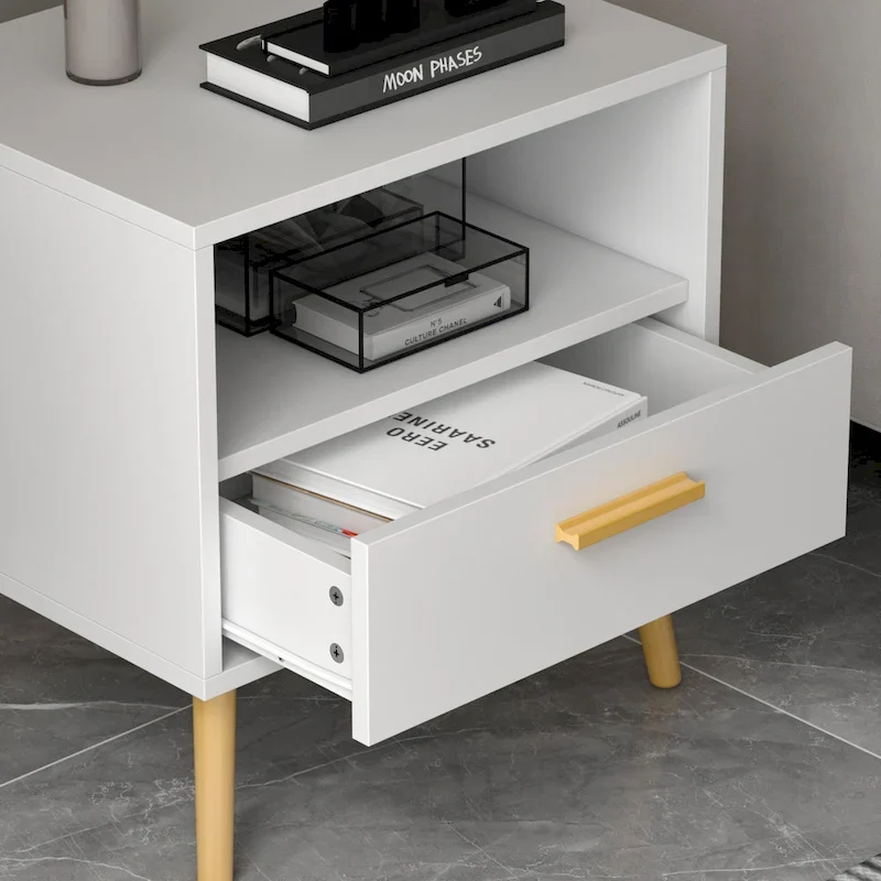 White 1-Drawer Bedside Nightstand with Open Shelf