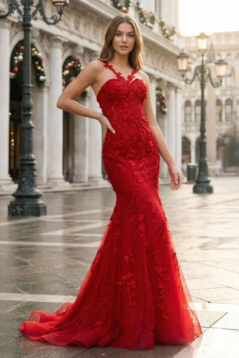 Red Mermaid Halter Lace Mermaid Long Prom Dress