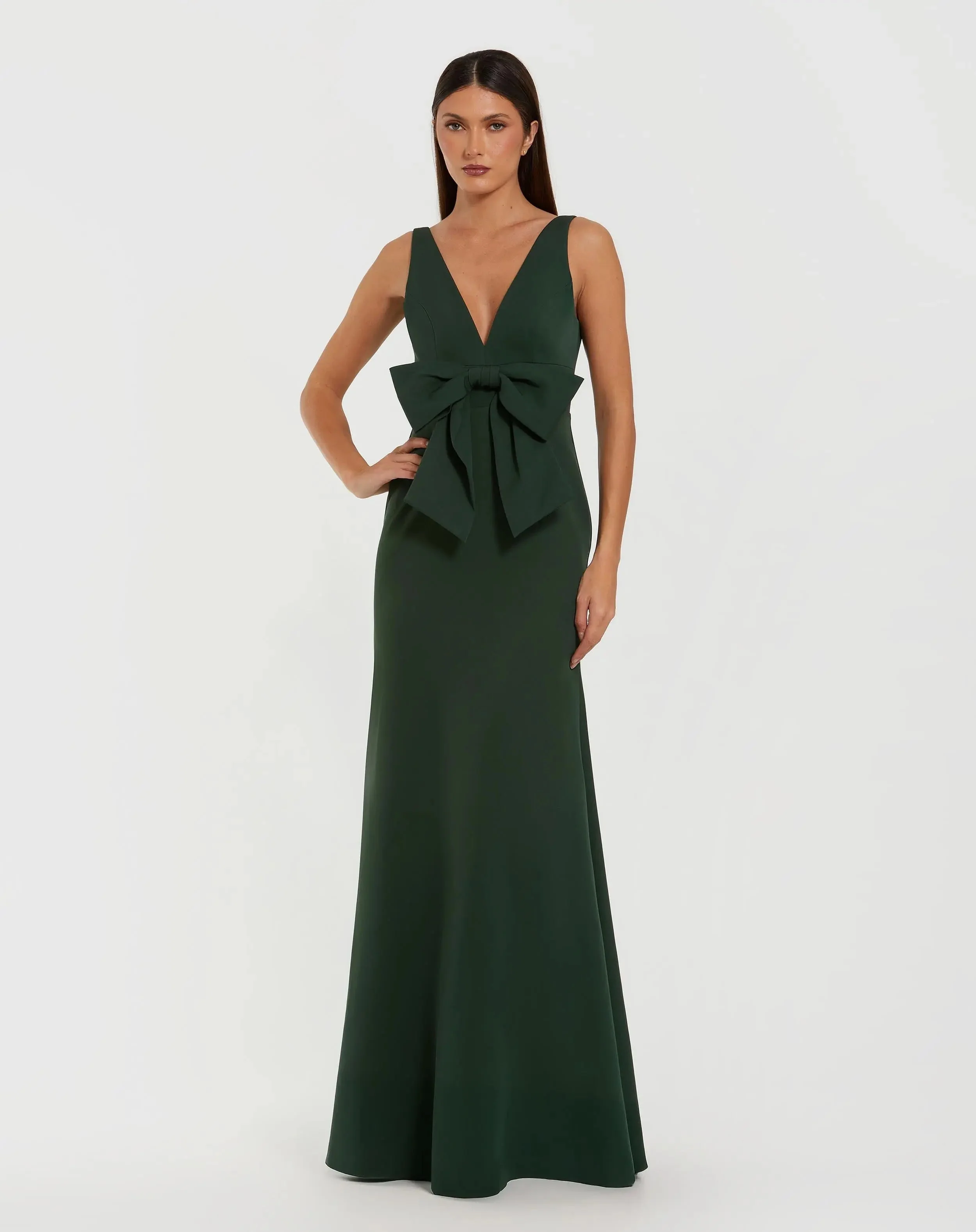 Green Crepe Sleeveless V-Neck Gown with Bow