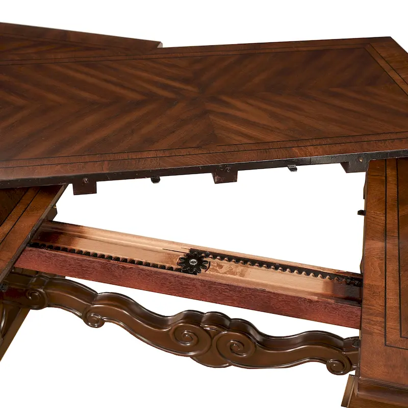 Traditional Hardwood Dining with Double Pedestal Table & Carved Chairs – Pecan, Seats up to 10