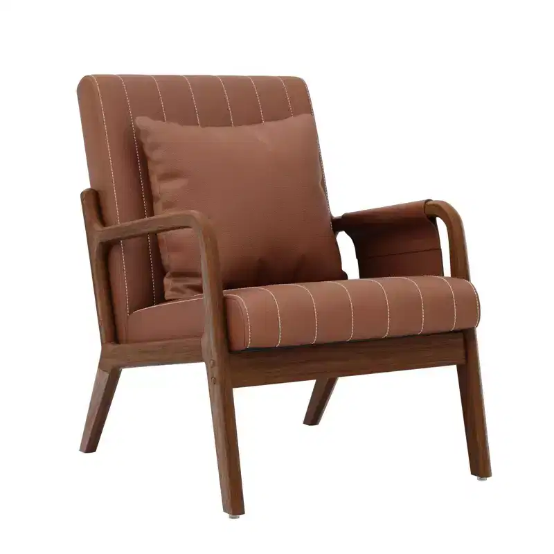 Hommpa Mid-century Accent Chair Ergonomic Leather Armchair with Wood Frame & Lumbar Pillow Brown
