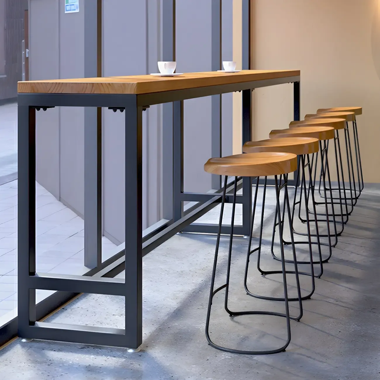 Modern Brown Wooden Iron Trestle Base Bar Table