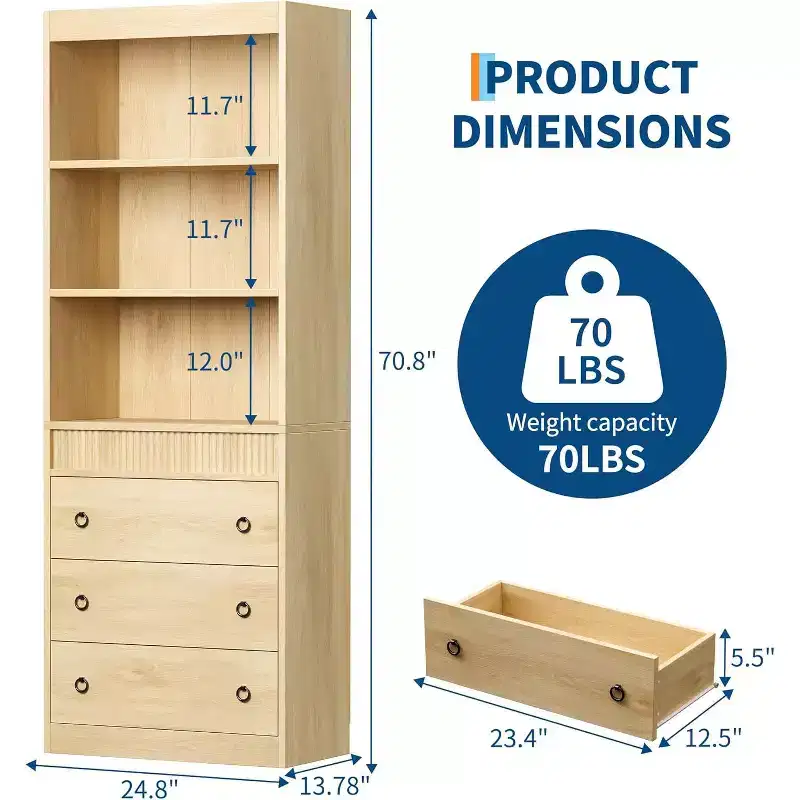 Acekool Bookshelf with Drawers, 6-Tier Fluted Bookcase, Tall Storage Cabinet for Living Room or Office