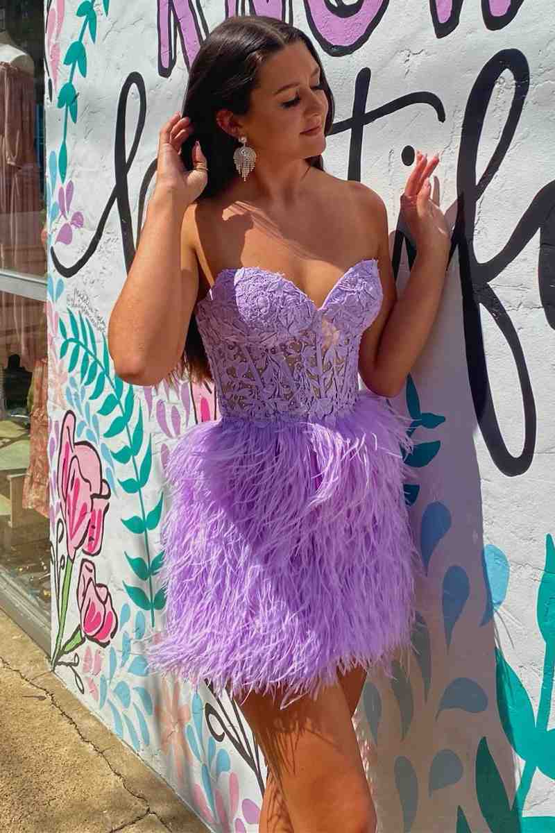 Sheath Sweetheart Lace Feather Skirt Homecoming Dress