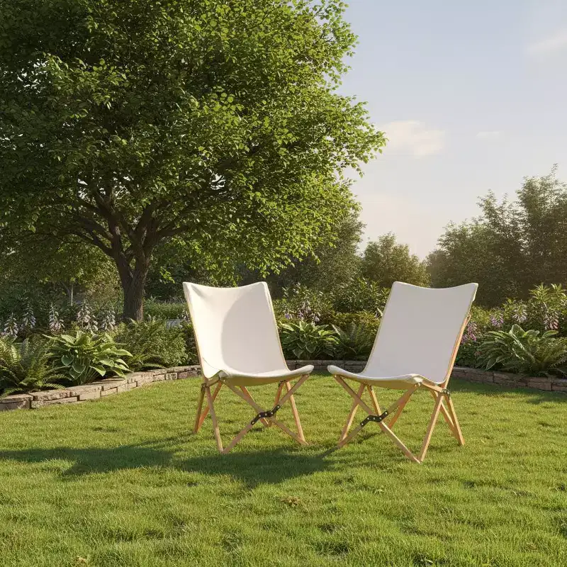 Gymax 2PC Bamboo Folding Butterfly Chairs w/ Breathable Canvas Storage Pocket 330 lbs Load Capacity Beige/Black