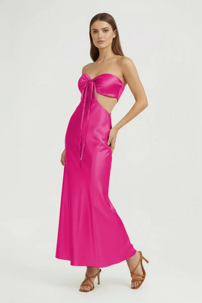 Aqua Strapless Sheath Satin Open Back Prom Dresses With Cutout