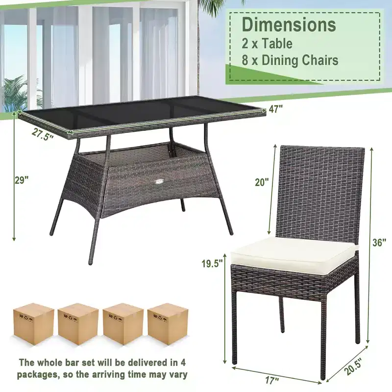 Costway 10 PCS Patio Rattan Dining Set Glass Table High Back Chair Garden Deck Mix Brown