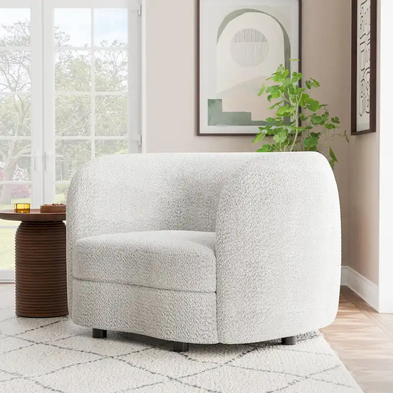 Ophelia Modern Curved Arms Boucle Accent Chair with Kidney Style Seat and Round Wooden Legs