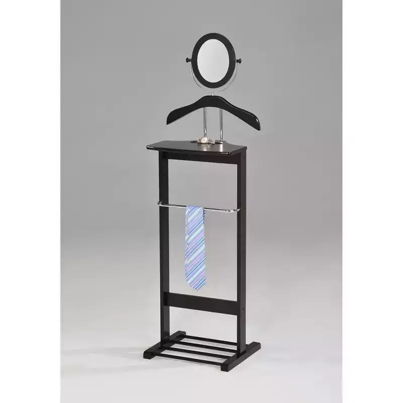 Kings Brand Furniture - Wardrobe Wood Suit Valet Stand, Clothes Trouser Bar Rack, Tie, Belt Hanger and Shoe Rack, Black/Chrome