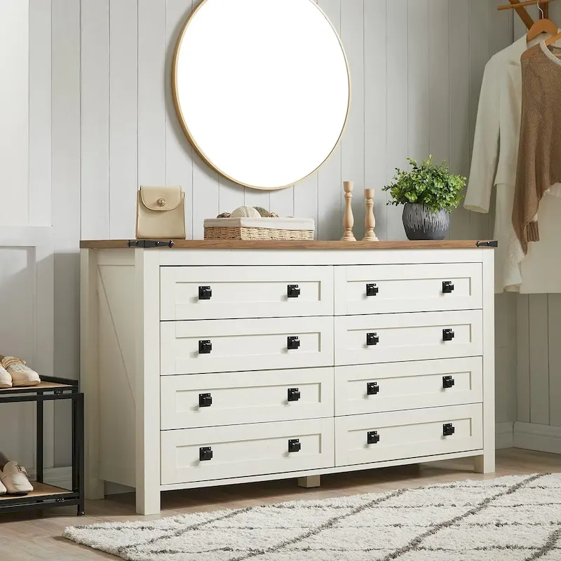 8-Drawer Farmhouse Dresser – Reclaimed Barnwood / Light Rustic Oak / Dark Rustic Oak / Antique White / Antique Brushed White, Rustic Style, Single