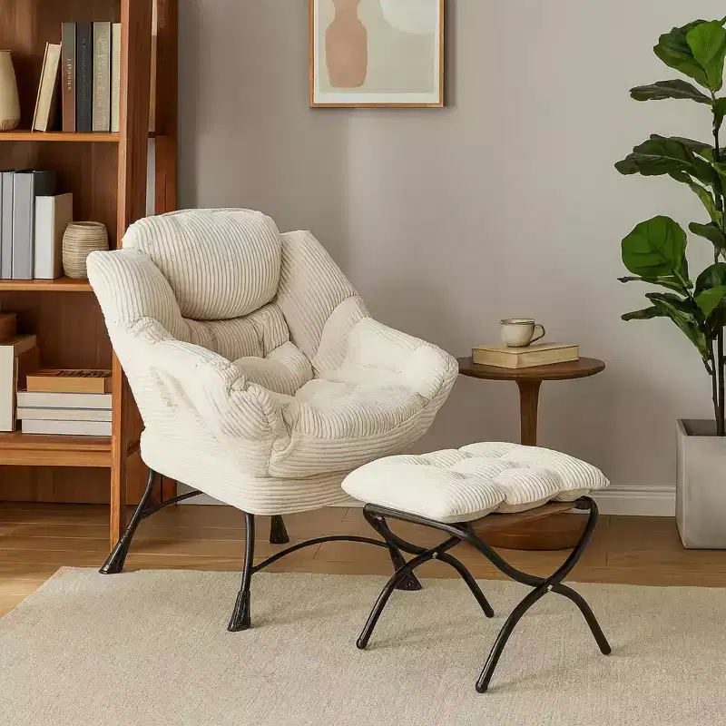 Homy Casa Modern Lounge Accent Chair with Ottoman and Side Pocket, Upholstered Reading Chair with Armrests for Living Room, Bedroom or Game Room