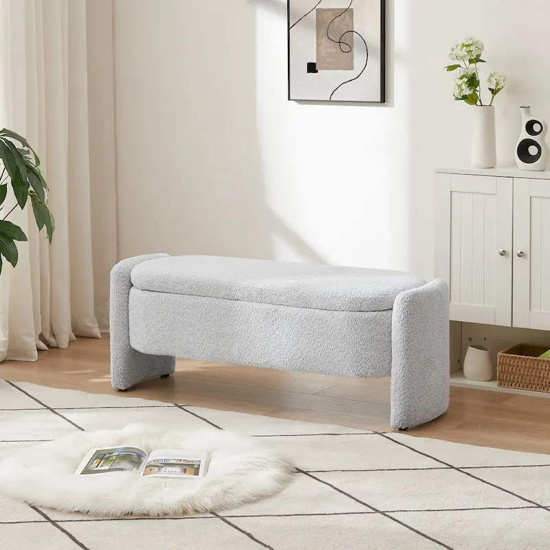3D Lamb Fleece Fabric Storage Bench with Arc-shaped Sides
