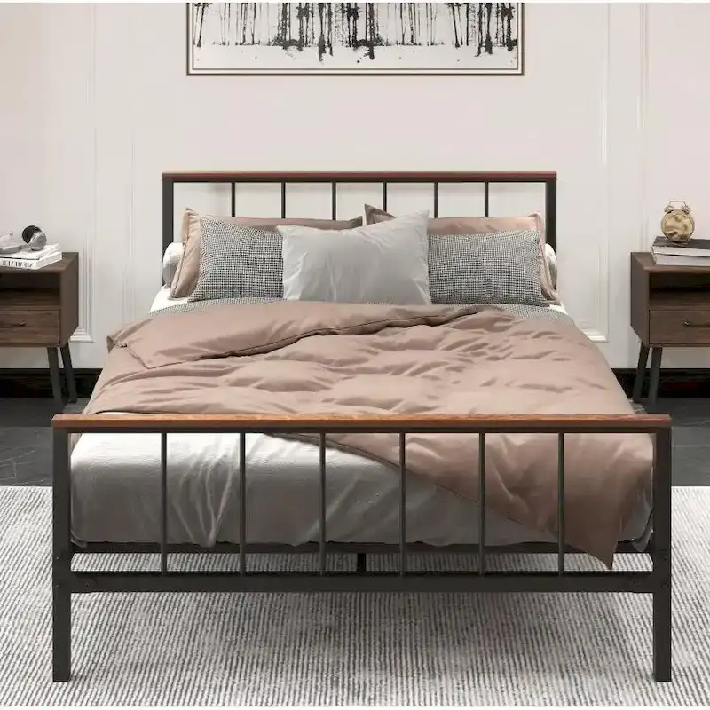 Black Metal Queen Platform Bed with Headboard