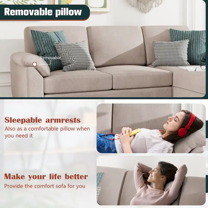 Futzca Sectional Sofa Couch, 3 Seat L Shaped Sofa with Removable Pillows