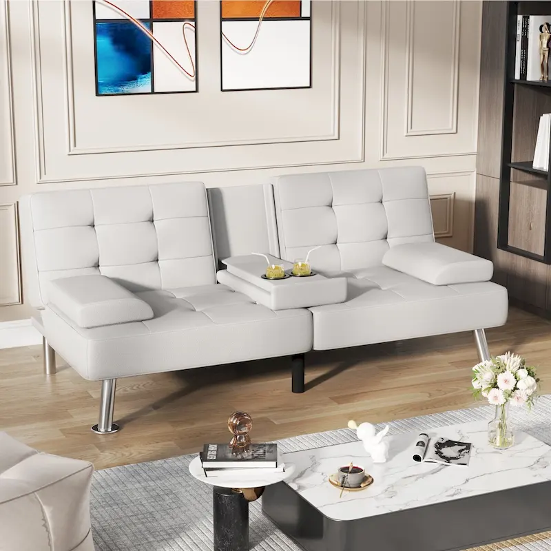 Futon Sofa Bed Convertible Lounge Couch Sofa with Cupholders & Pillows