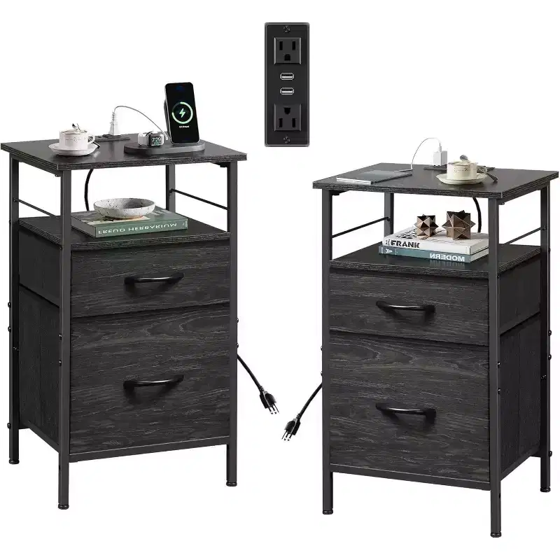 DEXYLLO Nightstand Set of 2 with Charging Station, End Table with 2 Fabric Drawers for Storage, Small Bedroom Dresser, Side Table for Living Room
