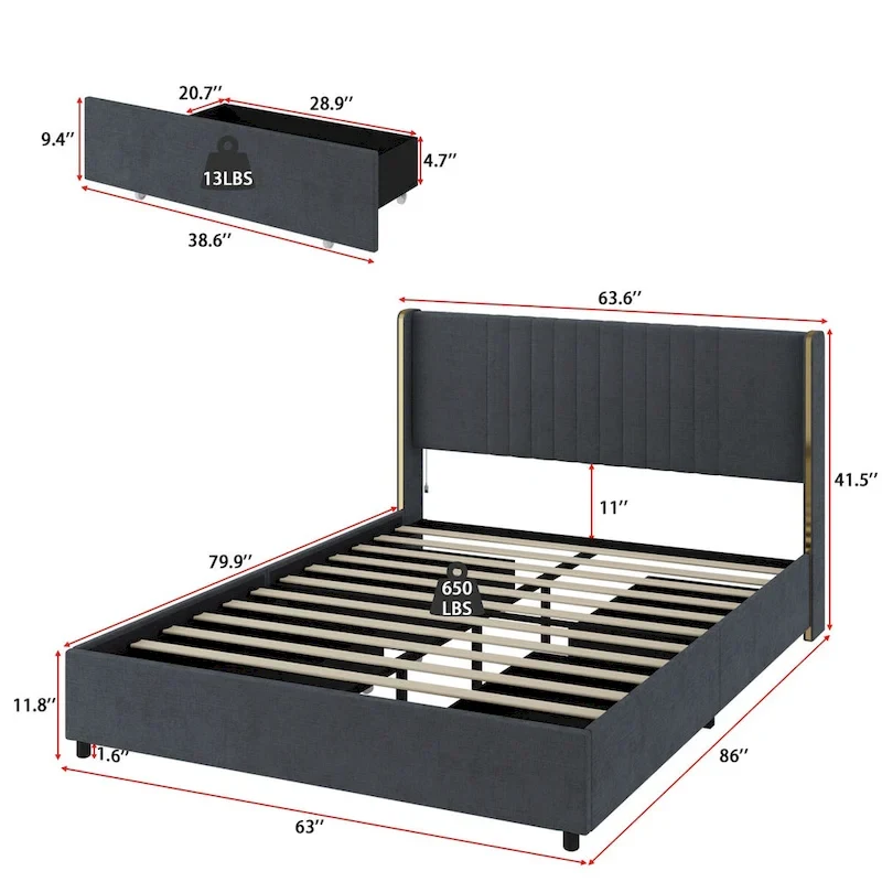 Modern Illuminated Bed Frame with Gold Trim - Chic Upholstered Design
