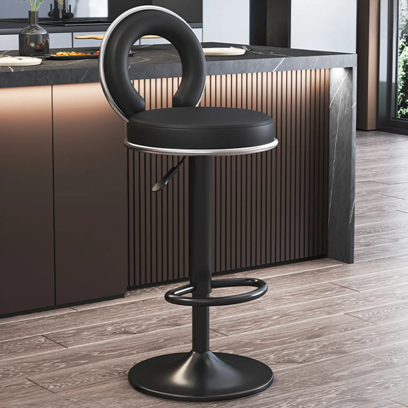 Glam Round Adjustable Leather Swivel Bar Stool with Back