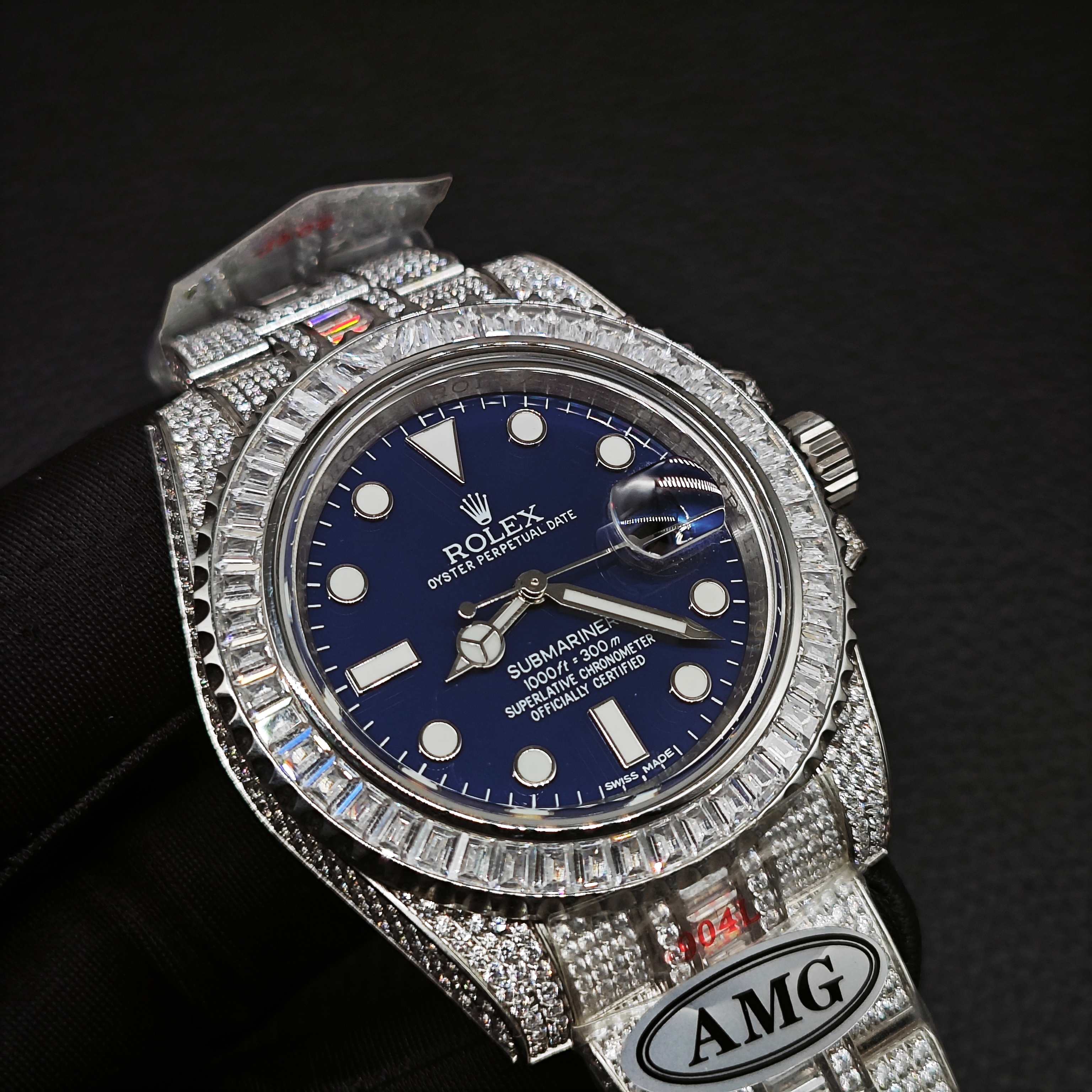 Close-up blue dial diamond Rolex replica Submariner wrist test view