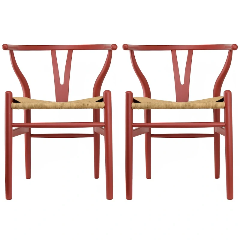 Set of 2 Wood Dining Chairs with Woven Rope Seat