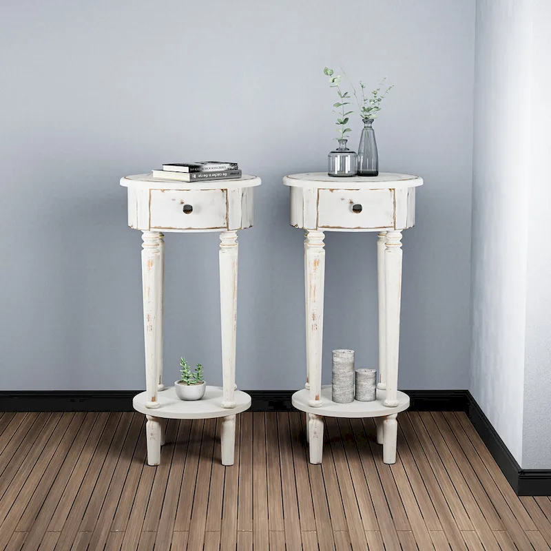 White Distressed Round Tall Telephone Stand Table