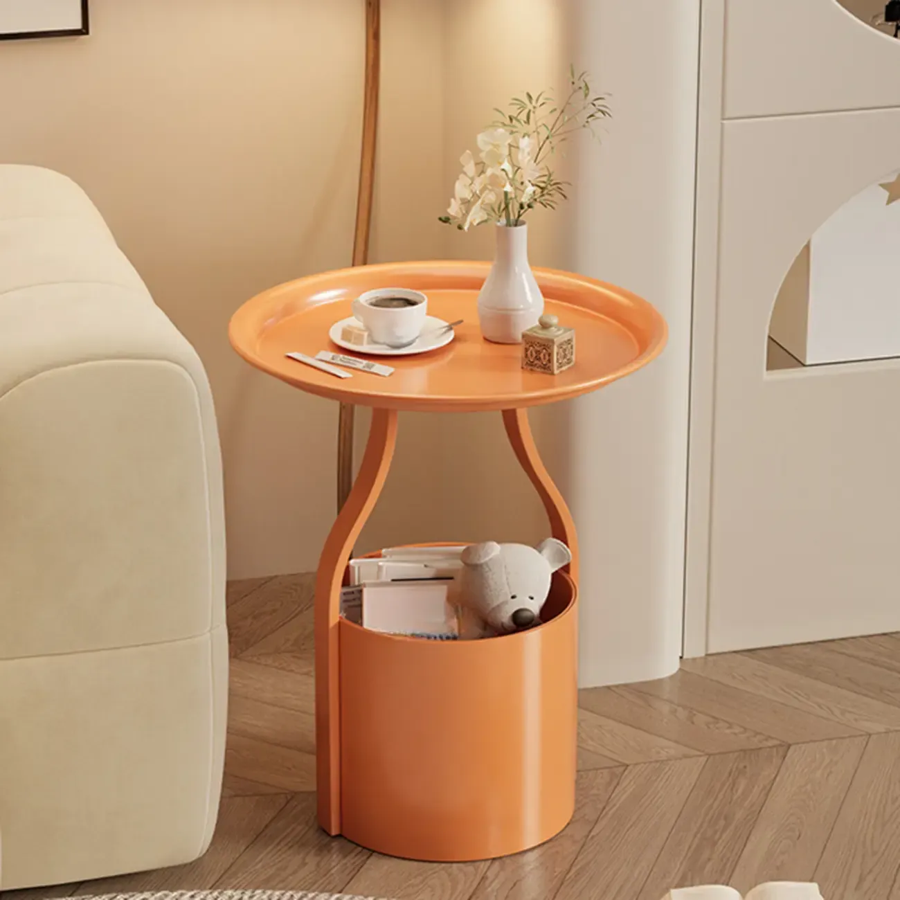 Orange Abstract Metal Round Tray Top Side Table