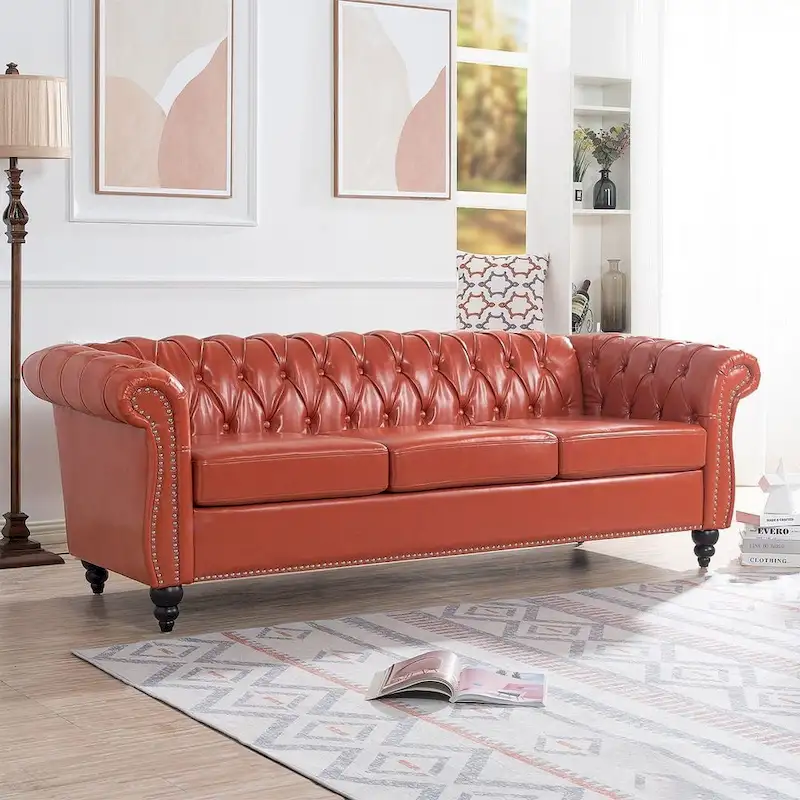 Tufted Sofa - Faux Leather, Rolled Arms Design, Seats 3