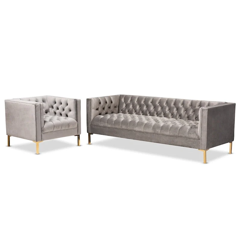 Glam Velvet and Gold Finished 2-Piece Sofa and Lounge Chair Set