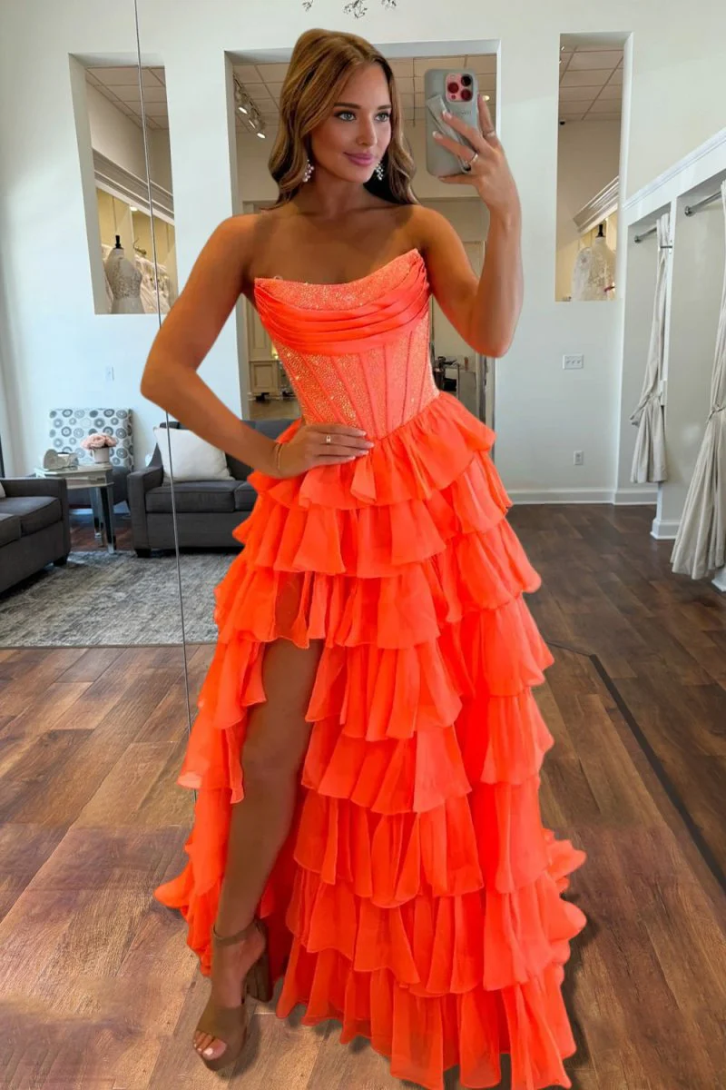 Orange - A Line Strapless Chiffon Beaded Corset Long Prom Dress With Slit
